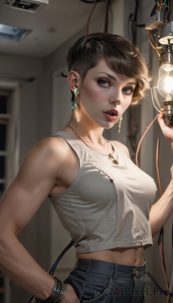 1girl,solo,breasts,looking at viewer,short hair,open mouth,blue eyes,brown hair,shirt,navel,holding,bare shoulders,jewelry,medium breasts,earrings,parted lips,teeth,sleeveless,midriff,pants,indoors,necklace,blurry,bracelet,covered nipples,lips,crop top,hand on hip,blurry background,tank top,denim,hand in pocket,jeans,realistic,nose,cable,bangs,standing,collarbone,upper body,cowboy shot,belt,eyelashes,makeup,muscular,swept bangs,abs,pendant,science fiction,toned,red lips,lamp,very short hair,crop top overhang,light bulb