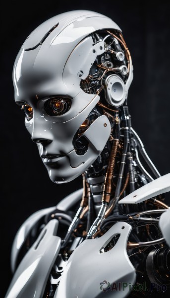 1girl,solo,simple background,upper body,parted lips,blurry,lips,orange eyes,no humans,robot,black background,portrait,1other,science fiction,realistic,android,joints,cable,cyborg,robot joints,cyberpunk,mechanical parts,humanoid robot,looking at viewer,from side,glowing,close-up,machinery