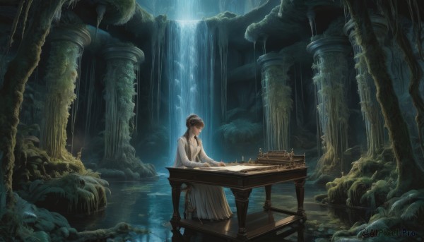 1girl,solo,long hair,brown hair,black hair,long sleeves,dress,sitting,water,white dress,tree,chair,table,plant,instrument,nature,scenery,light rays,fantasy,ruins,pillar,waterfall,board game,column,fountain,short hair,closed eyes,reflection,piano