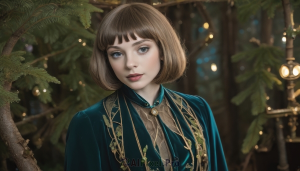 1girl,solo,looking at viewer,smile,short hair,bangs,blue eyes,brown hair,jewelry,closed mouth,upper body,earrings,blunt bangs,blurry,tree,lips,grey eyes,eyelashes,makeup,depth of field,blurry background,bob cut,plant,nose,indoors,lipstick,realistic,red lips