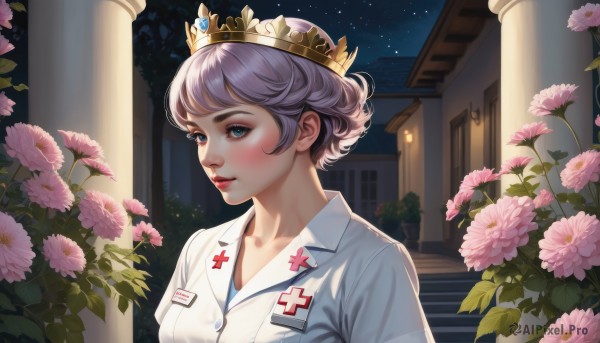 1girl,solo,looking at viewer,blush,short hair,bangs,blue eyes,collarbone,upper body,purple hair,flower,outdoors,parted lips,sky,lips,eyelashes,makeup,night,tiara,crown,plant,star (sky),night sky,pink flower,starry sky,pink lips,stairs,nose,nurse cap,nurse,breasts,shirt,closed mouth,short sleeves,artist name,window,buttons,leaf,cross,building,gem,portrait,light purple hair,pocket,realistic,name tag,potted plant,bush,pillar,flower pot,red cross