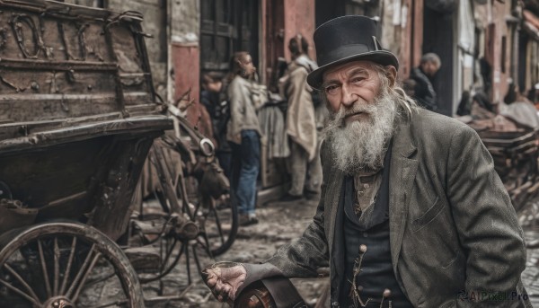 looking at viewer,long sleeves,1boy,hat,jewelry,jacket,white hair,male focus,outdoors,multiple boys,solo focus,day,pants,necklace,blurry,vest,coat,black headwear,depth of field,blurry background,facial hair,ring,ground vehicle,motor vehicle,beard,6+boys,top hat,realistic,mustache,old,old man,monocle,bicycle,cane,shirt,black jacket,denim,hand in pocket,hands in pockets,road,street,crowd,people