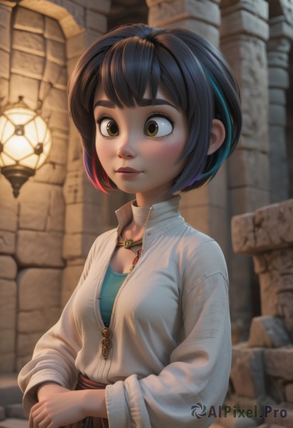 1girl,solo,breasts,blush,short hair,bangs,shirt,black hair,long sleeves,cleavage,brown eyes,jewelry,closed mouth,yellow eyes,white shirt,upper body,multicolored hair,small breasts,necklace,blurry,lips,blurry background,bob cut,own hands together,blue shirt,freckles,lantern,nose,brown hair,medium breasts,green eyes,blue hair,choker,eyelashes,thick eyebrows,zipper