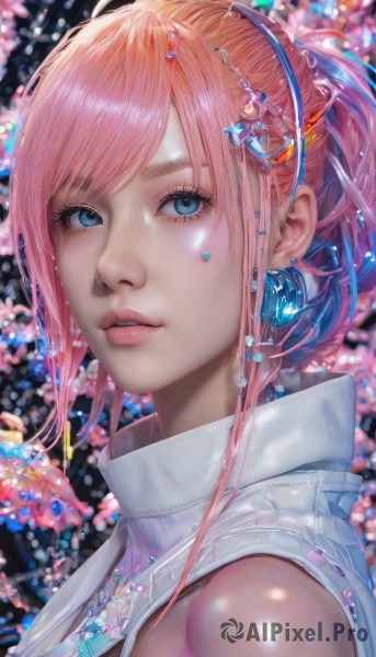 1girl,solo,long hair,looking at viewer,bangs,blue eyes,hair ornament,bare shoulders,jewelry,upper body,ponytail,pink hair,sidelocks,earrings,parted lips,sleeveless,shiny,blurry,lips,eyelashes,makeup,swept bangs,gem,portrait,crystal,realistic,nose,blue gemstone,multicolored hair,artist name,necklace,star (symbol),from side,gradient hair,blurry background,watermark,crescent,close-up,beads,crescent hair ornament