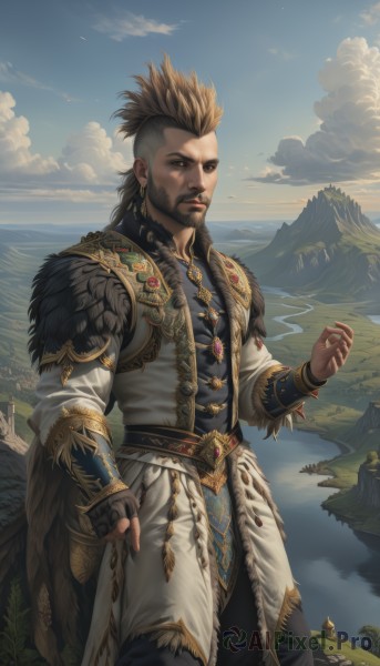 solo,looking at viewer,blonde hair,brown hair,gloves,long sleeves,1boy,brown eyes,jewelry,standing,male focus,earrings,outdoors,sky,day,belt,pants,cloud,fingerless gloves,water,necklace,cape,armor,blue sky,fur trim,facial hair,bird,ring,cloudy sky,gem,beard,gold trim,mountain,fantasy,mustache,vambraces,bracer,hair slicked back,lake,mohawk,dark skin,vest,tree,coat,watermark,dark-skinned male,scenery,realistic