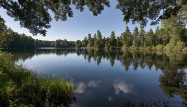 outdoors,sky,day,cloud,water,tree,blue sky,no humans,grass,plant,nature,scenery,forest,reflection,river,landscape,lake,reflective water,signature,sunlight