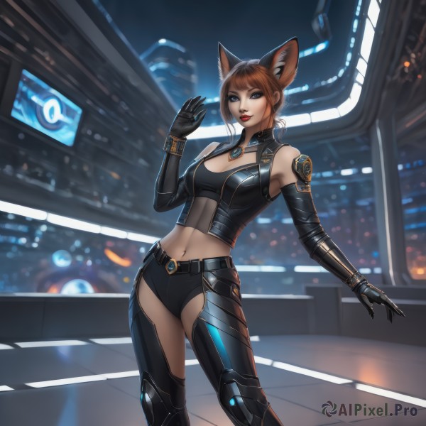 1girl,solo,breasts,looking at viewer,short hair,bangs,blue eyes,brown hair,gloves,navel,animal ears,cleavage,bare shoulders,jewelry,medium breasts,standing,parted lips,shorts,black gloves,elbow gloves,midriff,belt,cat ears,hand up,blunt bangs,blurry,vest,fox ears,makeup,blurry background,lipstick,science fiction,red lips,smile,detached sleeves,lips,night,watermark,chaps