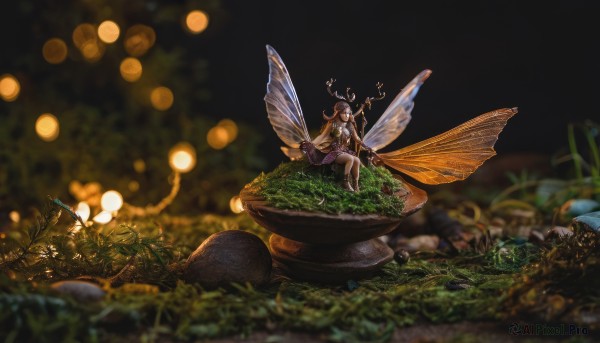 1girl,solo,long hair,bangs,skirt,brown hair,dress,sitting,closed eyes,flower,outdoors,wings,barefoot,virtual youtuber,blurry,tree,night,depth of field,blurry background,leaf,grass,bug,plant,butterfly,instrument,nature,scenery,light particles,minigirl,antennae,music,fairy wings,fairy,antlers,mushroom,wide shot,playing instrument,butterfly wings,insect wings,fireflies,smile,horns,water,rock,bokeh,arthropod girl,moss