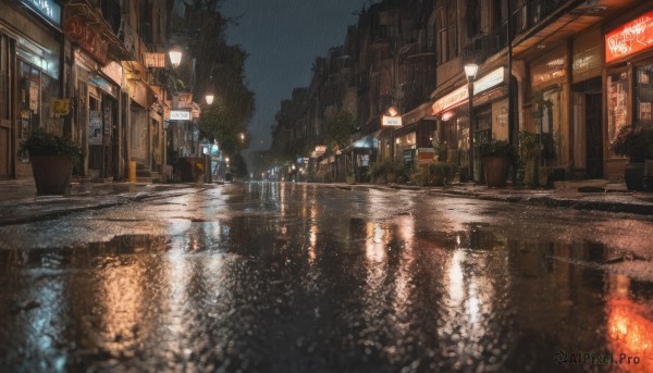 outdoors, sky, cloud, water, tree, no humans, window, night, plant, building, night sky, scenery, reflection, rain, city, sign, potted plant, road, cityscape, lamppost, street, puddle