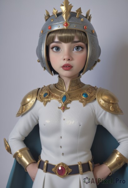 1girl,solo,breasts,looking at viewer,short hair,bangs,blue eyes,simple background,brown hair,long sleeves,jewelry,standing,upper body,small breasts,parted lips,teeth,belt,grey background,cape,armor,black eyes,covered nipples,lips,grey eyes,helmet,crown,shoulder armor,gem,freckles,pauldrons,gold trim,hands on hips,red lips,chainmail,blush,dress,brown eyes,white dress,eyelashes,realistic,nose,gold,red gemstone,gorget