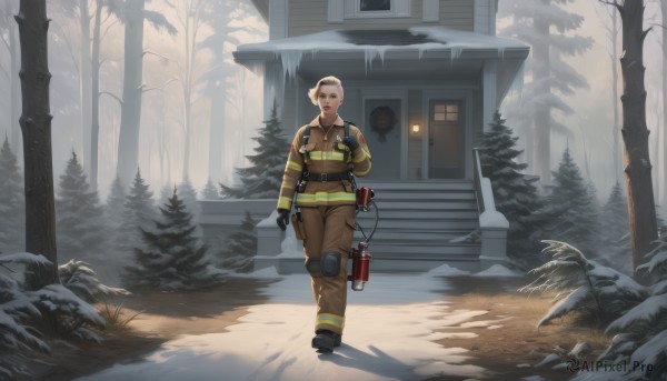 1girl,solo,looking at viewer,short hair,gloves,1boy,jacket,white hair,male focus,boots,outdoors,black gloves,pants,dark skin,tree,blood,nature,snow,forest,walking,snowing,stairs,door,knee pads,very short hair,brown pants,undercut,winter,bare tree,breasts,blue eyes,blonde hair,hair bun,scenery,realistic,bald,jumpsuit,yellow pants