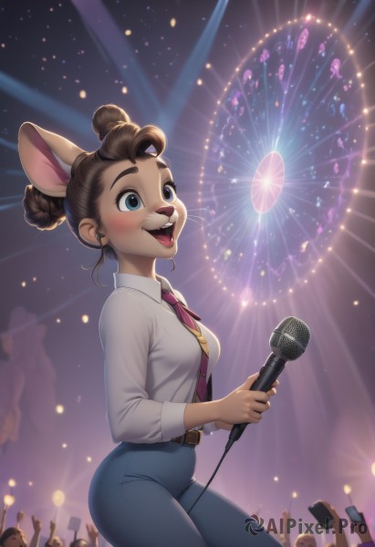 1girl,breasts,blush,smile,short hair,open mouth,blue eyes,brown hair,shirt,long sleeves,holding,animal ears,medium breasts,white shirt,braid,:d,outdoors,necktie,sky,teeth,solo focus,collared shirt,belt,pants,artist name,hair bun,from side,double bun,night,upper teeth only,happy,denim,pink bow,microphone,furry,jeans,mouse ears,furry female,music,blue pants,shirt tucked in,holding microphone,singing,fireworks,microphone stand,crowd,pink necktie,snout,mouse girl,buck teeth,high-waist pants,aerial fireworks,ferris wheel,concert,solo,small breasts,multiple boys,lips,single hair bun,buckle,brown belt,stage,spotlight,stage lights