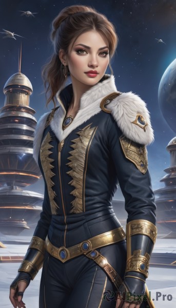 1girl,solo,long hair,looking at viewer,brown hair,gloves,brown eyes,jewelry,standing,ponytail,cowboy shot,earrings,sky,belt,pants,signature,fingerless gloves,lips,fur trim,makeup,night,bird,lipstick,star (sky),night sky,starry sky,gold trim,realistic,aircraft,nose,arms at sides,red lips,space,planet,spacecraft,airship,artist name,nail polish,bodysuit,black nails,eyeshadow,earth (planet)