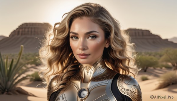 1girl,solo,long hair,looking at viewer,smile,blue eyes,brown hair,upper body,outdoors,parted lips,armor,blurry,lips,grey eyes,eyelashes,bodysuit,makeup,blurry background,wavy hair,portrait,freckles,curly hair,breastplate,realistic,nose,desert,blonde hair,brown eyes,tree,plant,backlighting