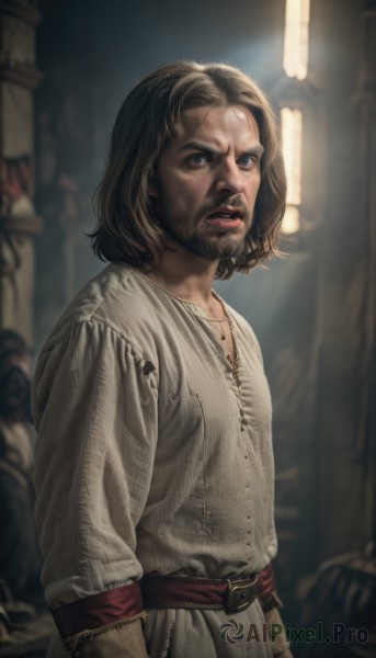 solo,looking at viewer,short hair,blue eyes,brown hair,shirt,long sleeves,1boy,jewelry,standing,white shirt,upper body,male focus,parted lips,teeth,belt,indoors,medium hair,necklace,blurry,lips,blurry background,facial hair,beard,realistic,nose,mustache,tunic,clenched teeth,angry