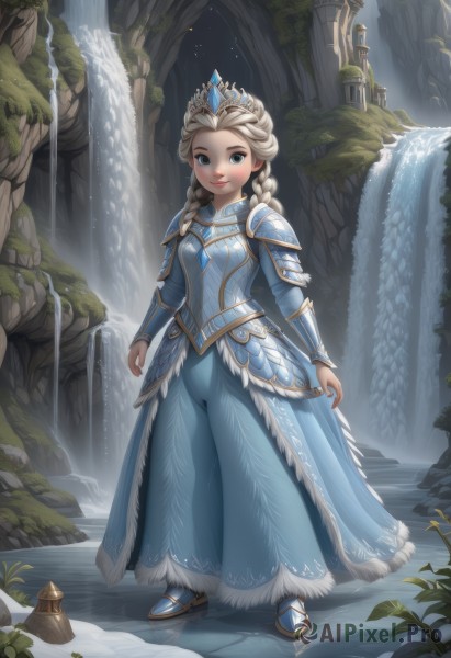 elsa (frozen),1girl,solo,long hair,looking at viewer,smile,blue eyes,blonde hair,dress,closed mouth,standing,full body,braid,boots,outdoors,sky,artist name,water,armor,twin braids,lips,fur trim,single braid,makeup,night,blue dress,watermark,tiara,crown,plant,lipstick,shoulder armor,gem,hair over shoulder,web address,pauldrons,breastplate,long dress,armored dress,faulds,pillar,waterfall,arch,fountain,breasts,castle