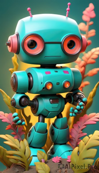 solo,looking at viewer,standing,full body,flower,blurry,no humans,plant,robot,mecha,science fiction,antennae,looking ahead,open hands,non-humanoid robot,radio antenna,orange eyes,leaf,straight-on,humanoid robot