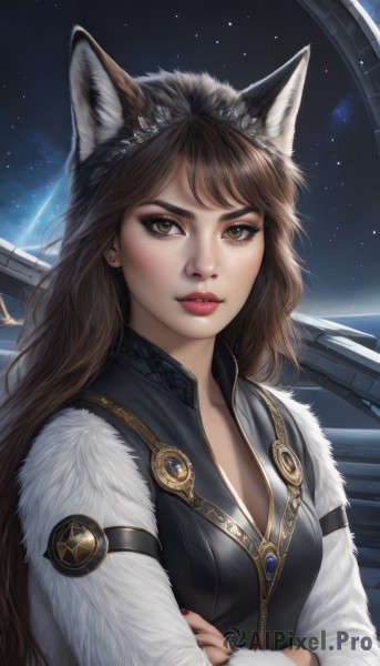 1girl,solo,long hair,breasts,looking at viewer,brown hair,long sleeves,animal ears,cleavage,brown eyes,jewelry,medium breasts,closed mouth,yellow eyes,upper body,earrings,sky,nail polish,lips,fur trim,fox ears,eyelashes,makeup,night,crossed arms,lipstick,star (sky),night sky,red nails,starry sky,freckles,realistic,nose,red lips,space,bangs,shirt,white shirt,parted lips,artist name,signature,vest,animal ear fluff,wolf ears,extra ears,spacecraft