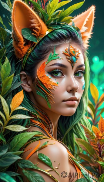 1girl,solo,long hair,looking at viewer,black hair,animal ears,bare shoulders,jewelry,closed mouth,green eyes,upper body,earrings,green hair,artist name,cat ears,blurry,from side,lips,animal ear fluff,eyelashes,makeup,depth of field,blurry background,fake animal ears,leaf,watermark,facial mark,plant,gem,portrait,web address,eyeshadow,freckles,realistic,nose,facepaint,mascara,hair ornament,hairband,fox ears,extra ears,forehead jewel