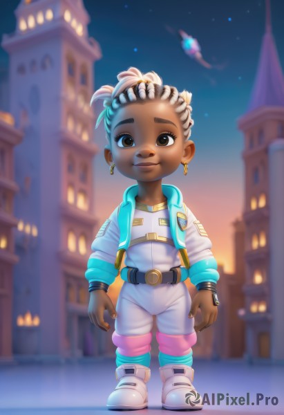 1girl,solo,looking at viewer,smile,short hair,brown eyes,jewelry,jacket,full body,earrings,boots,outdoors,sky,shoes,belt,artist name,dark skin,chibi,blurry,dark-skinned female,night,blurry background,white footwear,dark-skinned male,aged down,building,child,star (sky),female child,male child,undercut,jumpsuit,very dark skin,dreadlocks,brown hair,shirt,standing,white shirt,white hair,grey hair,multicolored hair,open clothes,pants,bracelet,open jacket,official alternate costume,bodysuit,blue jacket,sneakers,night sky,starry sky,short ponytail