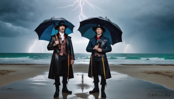 smile,short hair,brown hair,shirt,black hair,holding,jacket,closed eyes,white shirt,male focus,boots,outdoors,multiple boys,sky,pants,cloud,2boys,water,black footwear,vest,coat,ascot,facial hair,ocean,umbrella,beach,black pants,cloudy sky,beard,rain,holding umbrella,mustache,sand,lightning,shared umbrella,black umbrella,hat,standing,flower,crossover