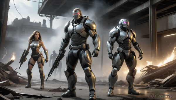 HQ,1girl,long hair,breasts,brown hair,red eyes,holding,medium breasts,standing,weapon,boots,multiple boys,dark skin,2boys,holding weapon,armor,gun,military,bodysuit,glowing,3boys,helmet,fire,robot,building,holding gun,glowing eyes,rifle,smoke,science fiction,military vehicle,assault rifle,ruins,power armor,bullpup,dual wielding,realistic,electricity,cyborg,sparks,power suit