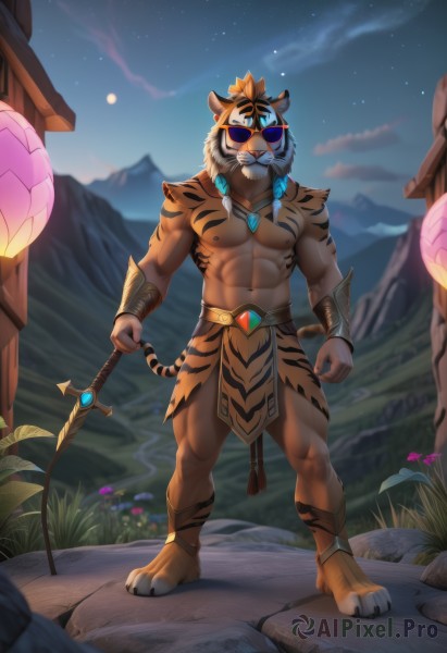 solo,looking at viewer,short hair,1boy,navel,holding,animal ears,jewelry,nipples,standing,tail,full body,weapon,flower,male focus,thighs,outdoors,sky,necklace,stomach,holding weapon,muscular,night,facial hair,thick thighs,abs,moon,sunglasses,thick eyebrows,pectorals,muscular male,star (sky),night sky,bara,pelvic curtain,beard,furry,starry sky,large pectorals,bulge,topless male,mature male,furry male,tiger ears,tiger tail,chest hair,loincloth,biceps,thick arms,tiger boy,orange fur,tiger stripes,sword,artist name,blurry,holding sword,grass,plant,nature,mountain,tiger,year of the tiger