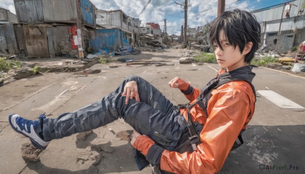 solo,looking at viewer,short hair,black hair,gloves,long sleeves,1boy,hair between eyes,sitting,jacket,full body,male focus,outdoors,sky,shoes,day,pants,cloud,fingerless gloves,black eyes,from side,lips,shadow,black pants,cloudy sky,denim,ground vehicle,building,sneakers,motor vehicle,hand in pocket,jeans,city,realistic,car,road,on ground,orange shirt,power lines,street,orange jacket,bangs,closed mouth,blue sky,grass,red jacket,blue footwear,utility pole