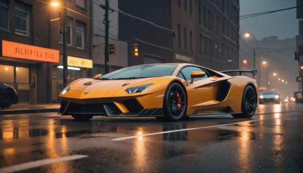 outdoors,sky,no humans,night,ground vehicle,building,scenery,motor vehicle,reflection,rain,city,sign,car,road,vehicle focus,power lines,lamppost,street,utility pole,road sign,lights,traffic light,radio antenna,sports car,water,window,puddle