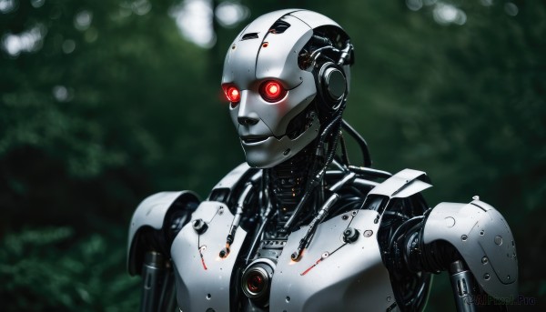 solo,red eyes,1boy,upper body,male focus,blurry,no humans,blurry background,glowing,robot,mecha,glowing eyes,1other,science fiction,realistic,android,cable,robot joints,lights,humanoid robot,lips,depth of field,portrait,machinery,joints,cyborg,cyberpunk,mechanical parts,wire