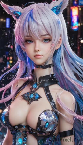 1girl,solo,long hair,breasts,looking at viewer,bangs,blue eyes,animal ears,cleavage,bare shoulders,jewelry,medium breasts,closed mouth,blue hair,collarbone,upper body,pink hair,white hair,multicolored hair,parted lips,choker,artist name,cat ears,blurry,two-tone hair,lips,streaked hair,wet,fox ears,eyelashes,gradient hair,makeup,blurry background,revealing clothes,armlet,nose,mascara,horns,expressionless,gem,water drop,realistic