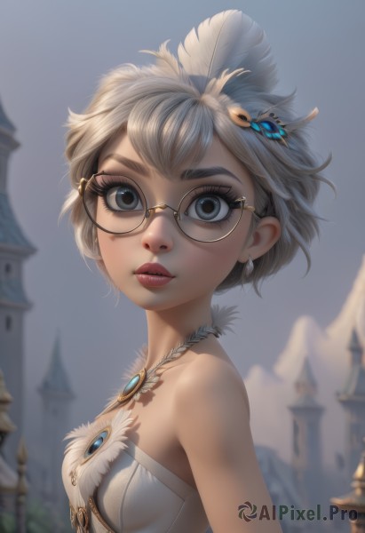 1girl,solo,breasts,looking at viewer,short hair,bangs,blue eyes,hair ornament,dress,bare shoulders,jewelry,upper body,white hair,grey hair,earrings,small breasts,outdoors,parted lips,glasses,teeth,sleeveless,day,artist name,necklace,white dress,blurry,from side,lips,grey eyes,eyelashes,strapless,depth of field,blurry background,feathers,building,gem,nose,round eyewear,feather hair ornament,castle,sky,makeup,sleeveless dress,thick eyebrows,strapless dress,semi-rimless eyewear,under-rim eyewear