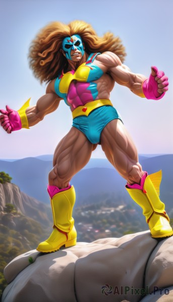 solo,long hair,smile,brown hair,gloves,1boy,standing,full body,male focus,boots,outdoors,sky,dark skin,armor,leotard,mask,muscular,abs,knee boots,veins,mountain,big hair,biceps,superhero,yellow footwear,wrestling outfit,heart,teeth,bulge,rock,manly,yellow gloves,fusion,afro,swim briefs