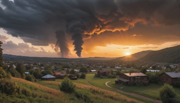 outdoors,sky,cloud,signature,tree,no humans,window,sunlight,cloudy sky,grass,building,nature,scenery,forest,smoke,sunset,mountain,city,sun,road,house,landscape,hill,fire,field,river,mountainous horizon