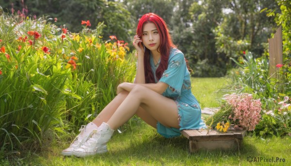 1girl,solo,long hair,looking at viewer,smile,shirt,dress,brown eyes,sitting,full body,flower,short sleeves,red hair,outdoors,shoes,day,blurry,tree,lips,bare legs,depth of field,blue dress,short dress,sunlight,white footwear,grass,blue shirt,sneakers,nature,realistic,nose,skirt,closed mouth,blue skirt,legs,blurry background,knees up,pink flower,field