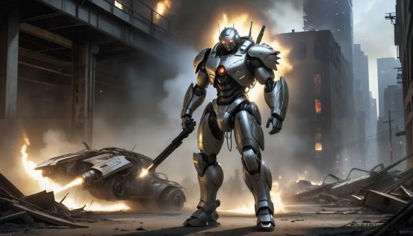 HQ,solo,holding,standing,weapon,outdoors,sword,holding weapon,armor,gun,military,no humans,glowing,fire,robot,ground vehicle,building,mecha,motor vehicle,smoke,science fiction,city,realistic,military vehicle,car,road,cable,ruins,tank,damaged,debris,dust,radio antenna,truck,helicopter,signature,glowing eyes,aircraft,cityscape,dirty,skyscraper,lights,redesign