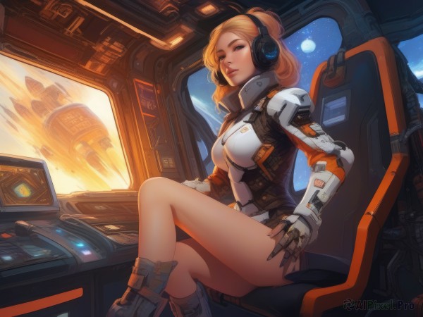 1girl,solo,long hair,breasts,looking at viewer,smile,blue eyes,blonde hair,gloves,medium breasts,sitting,ponytail,thighs,boots,parted lips,sky,orange hair,armor,lips,window,bodysuit,makeup,headphones,watermark,chair,crossed legs,star (sky),headset,freckles,science fiction,realistic,nose,space,computer,mechanical arms,monitor,planet,spacecraft,cockpit,holographic interface,medium hair,legs,between breasts,earth (planet),spacesuit