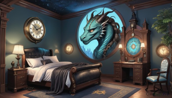 lying,horns,sky,artist name,indoors,cup,pillow,book,no humans,window,bed,night,chair,table,plant,star (sky),night sky,scenery,couch,starry sky,wooden floor,mirror,paper,fantasy,dragon,blanket,clock,potted plant,lamp,scales,carpet,drawer,rug,signature,tree,phone,moon,sleeping,desk,bedroom,under covers,alarm clock