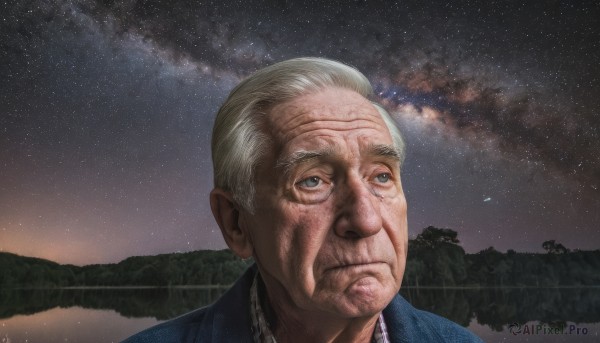 solo,blue eyes,1boy,closed mouth,jacket,white hair,grey hair,male focus,outdoors,sky,artist name,signature,tree,night,looking up,portrait,star (sky),night sky,starry sky,realistic,fence,old,old man,old woman,wrinkled skin,water,dated,scenery,reflection,meme,lake,milky way