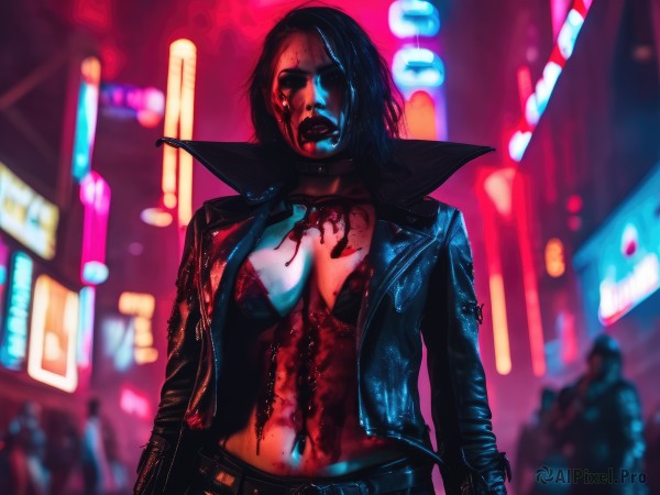 1girl,solo,breasts,short hair,large breasts,black hair,navel,cleavage,medium breasts,underwear,jacket,open clothes,necktie,solo focus,belt,bra,blurry,open jacket,lips,black jacket,torn clothes,blood,blurry background,blood on face,realistic,blood on clothes,leather,zombie,leather jacket,cyberpunk,neon lights,weapon,outdoors,choker,midriff,night,city,guro