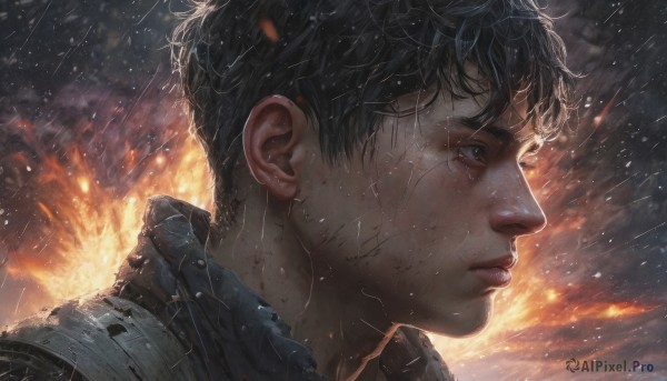 solo,short hair,black hair,1boy,closed mouth,male focus,outdoors,armor,black eyes,from side,lips,wet,profile,scar,looking away,fire,portrait,close-up,rain,realistic,nose,wet hair,looking afar,explosion,dirty,embers,dirty face,burning,bangs,artist name,looking to the side,night,messy hair