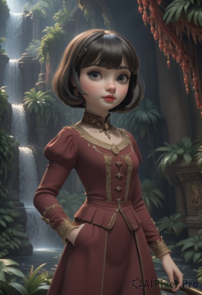 1girl,solo,breasts,looking at viewer,short hair,bangs,skirt,brown hair,black hair,hair ornament,long sleeves,dress,brown eyes,standing,cowboy shot,small breasts,outdoors,parted lips,day,puffy sleeves,artist name,blunt bangs,water,black eyes,tree,lips,grey eyes,makeup,red dress,bob cut,plant,lipstick,juliet sleeves,puffy long sleeves,hand in pocket,red lips,pillar,waterfall,arch,blush,blue eyes,holding,jewelry,closed mouth,necklace,eyelashes,leaf,sunlight,gold trim,nose