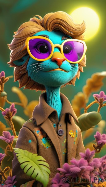 solo,smile,brown hair,shirt,1boy,closed mouth,upper body,flower,male focus,outdoors,glasses,collared shirt,artist name,blurry,blurry background,facial hair,bird,watermark,moon,sunglasses,furry,freckles,purple flower,sun,furry male,tinted eyewear,beak,short hair,sky,no humans,animal,leaf,full moon