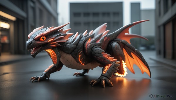 HQ,solo,open mouth,tail,full body,outdoors,wings,teeth,blurry,orange eyes,pokemon (creature),no humans,blurry background,fangs,sharp teeth,building,claws,colored sclera,monster,city,dragon,road,scales,street,kaijuu,looking at viewer,red eyes,black sclera