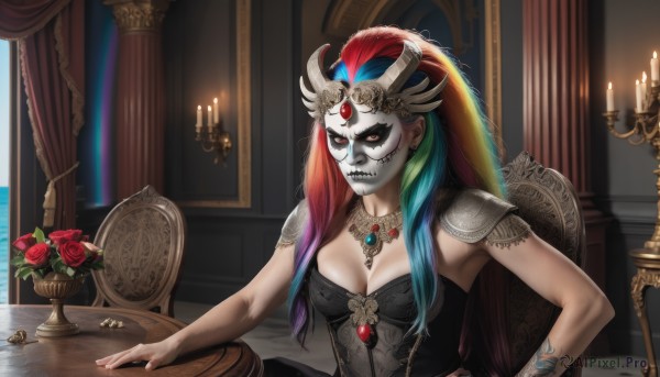 1girl,solo,long hair,breasts,looking at viewer,red eyes,cleavage,jewelry,medium breasts,sitting,blue hair,upper body,flower,red hair,multicolored hair,indoors,necklace,armor,two-tone hair,hand on hip,tattoo,makeup,mask,rose,colored skin,chair,facial mark,table,feathers,curtains,red flower,shoulder armor,gem,pale skin,colored sclera,pauldrons,skull,red rose,candle,shoulder pads,grey skin,forehead jewel,vase,red sclera,candlestand,purple hair,green hair,horns,gradient hair,rainbow hair