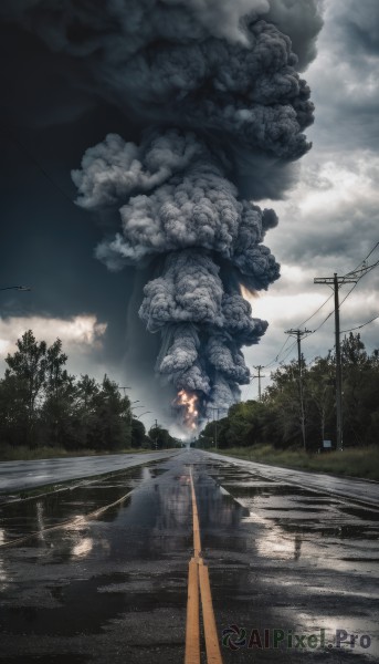 outdoors,sky,day,cloud,water,tree,no humans,bird,cloudy sky,grass,fire,nature,scenery,forest,smoke,reflection,road,power lines,utility pole,fog,reflective water,monster,street,burning,crosswalk