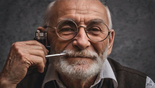 solo,looking at viewer,shirt,1boy,holding,white shirt,upper body,white hair,grey hair,male focus,glasses,collared shirt,grey background,vest,facial hair,portrait,beard,cigarette,black vest,mature male,realistic,round eyewear,mustache,smoking,manly,old,old man,wrinkled skin,necktie,veins,pen