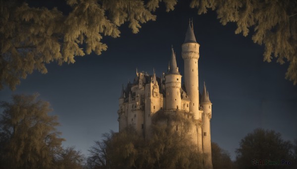 HQ,outdoors,sky,tree,no humans,night,grass,building,nature,night sky,scenery,forest,castle,tower,church,fantasy,dark,fog