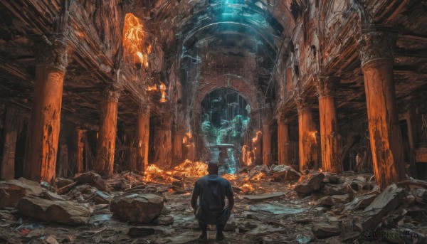 solo,long sleeves,1boy,standing,jacket,male focus,indoors,hood,from behind,scenery,walking,science fiction,crystal,rock,fantasy,facing away,ruins,wide shot,pillar,debris,cave,arch,rubble,column,black hair,weapon,sword,helmet,fire