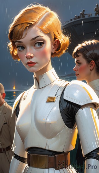 1girl,breasts,looking at viewer,blush,short hair,blue eyes,multiple girls,blonde hair,brown hair,1boy,2girls,upper body,outdoors,parted lips,multiple boys,solo focus,belt,2boys,water,orange hair,armor,black eyes,lips,looking to the side,grey eyes,makeup,night,ocean,thick eyebrows,lipstick,shoulder armor,freckles,rain,curly hair,pauldrons,breastplate,nose,red lips,brown belt,watercraft,very short hair,ship,boat,gorget,plate armor,boobplate,medium breasts,closed mouth,uniform,realistic,bald